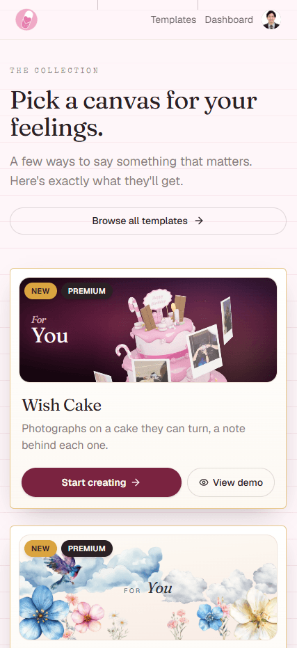 LoveCapsule running on a phone, showing the template picker with the Wish Cake template and a Start creating button.
